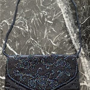 Navy Beaded Floral Evening Crossbody Bag